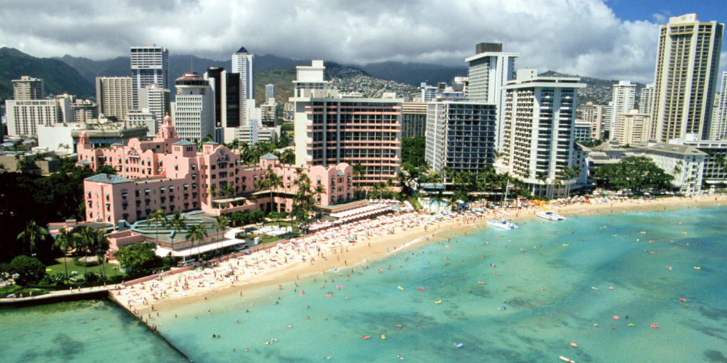 Hawaii, Oahu, Honolulu And Waikiki, Aerial View Of Royal Hawaiian Hotel.